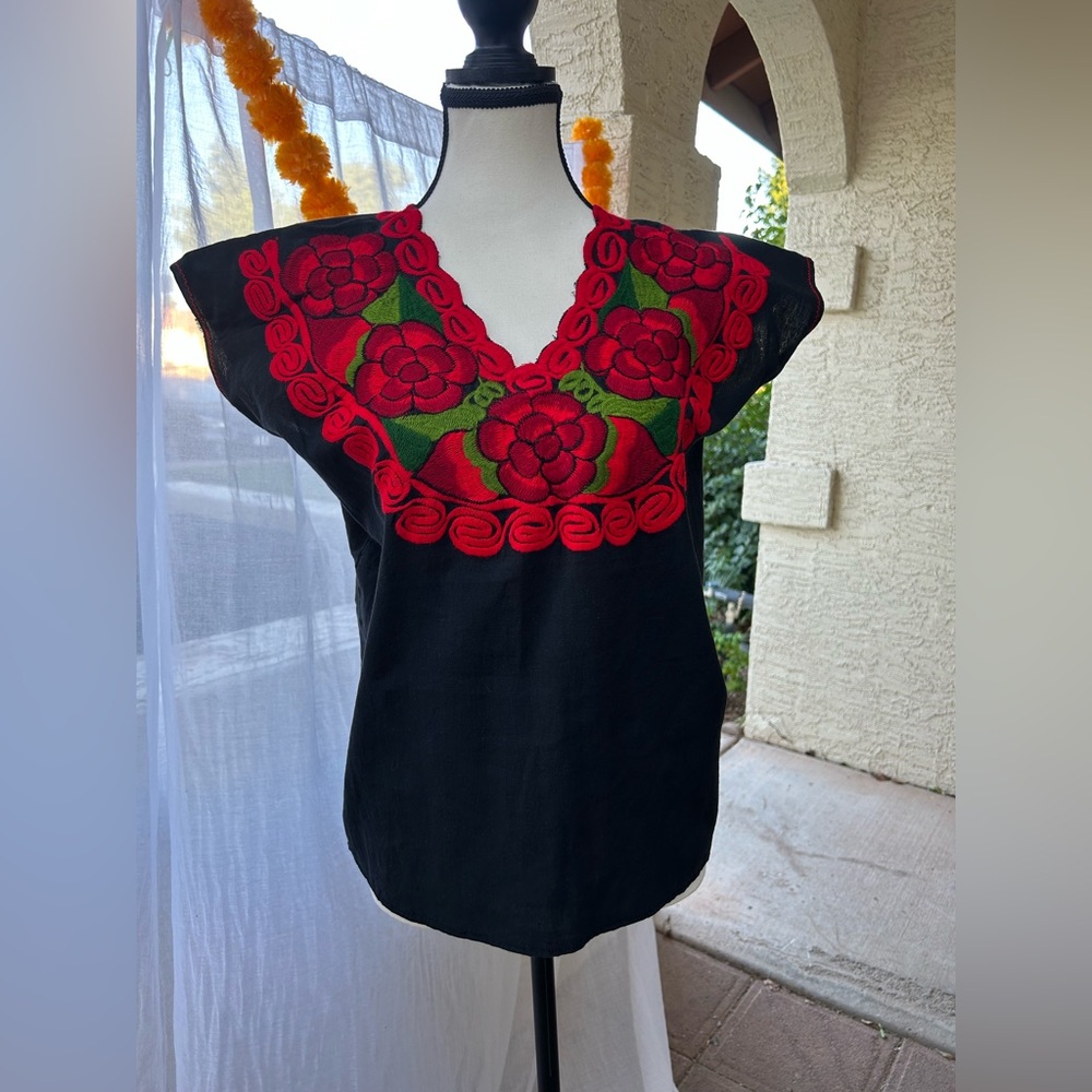 Latin Black Top with Red Floral Embroidery